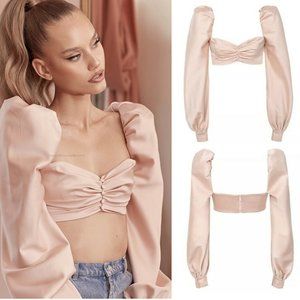 HOUSE OF CB Jana Blush Satin Puff-Sleeve Bralette NWT